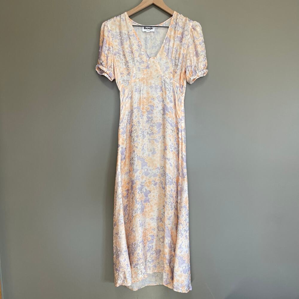 Rouje Linette Dress in Peach FR34 (XS) Pastel Pink Cream Blue Satin Maxi French - Picture 5 of 16